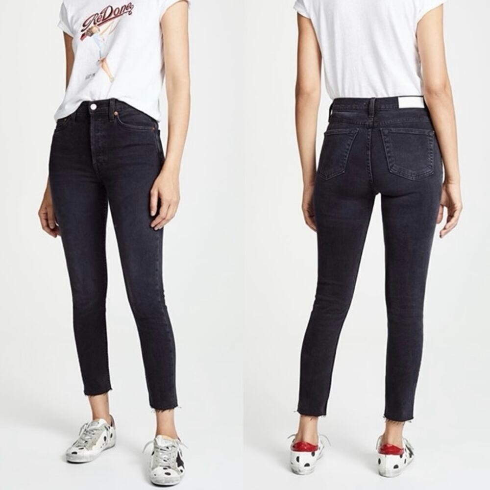 RE/DONE 90's High Rise Ankle Crop Jean Faded Black Stretch Denim Size 28 Raw Hem